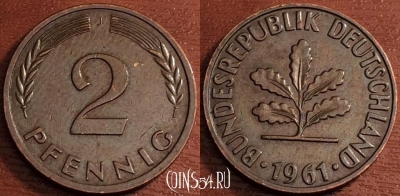 Германия ФРГ 2 пфеннига 1961 года, KM# 106, 69-010b