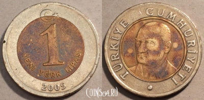 Турция 1 новая лира 2005 года, KM# 1169, 098-080