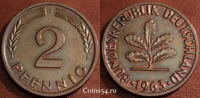 Германия ФРГ 2 пфеннига 1963 года J, KM# 106, 069-011b