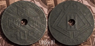 Бельгия 10 сантимов 1943 года, KM# 125, 064-052b