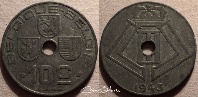 Бельгия 10 сантимов 1943 года, KM# 125, 087-040a