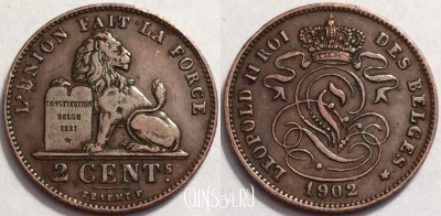 Бельгия 2 сантима 1902 года, KM# 36, 69-050b
