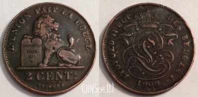 Бельгия 2 сантима 1909 года, KM# 35, 68-029a