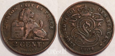 Бельгия 2 сантима 1909 года, KM# 35, 69-052a