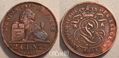 Бельгия 2 сантима 1909 года, KM# 35, 84-010b
