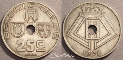 Бельгия 25 сантимов 1939 года, см. состояние, 87-011b