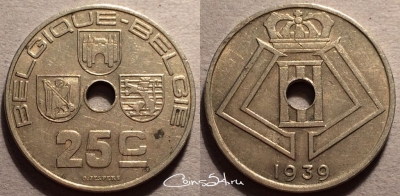 Бельгия 25 сантимов 1939 года, см. состояние, 87-030b