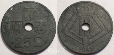 Бельгия 25 сантимов 1946 года, KM# 131, 069-064a