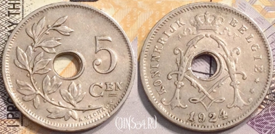 Бельгия 5 сантимов 1924 года, BELGIË, KM# 67, 142-008