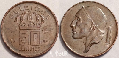 Бельгия 50 сантимов 1955 г., BELGIQUE, KM# 144, 069-051a