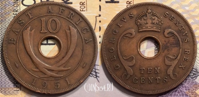 Британская Восточная Африка 10 центов 1951 года, KM# 34