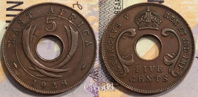 Британская Восточная Африка 5 центов 1928 года, KM# 18