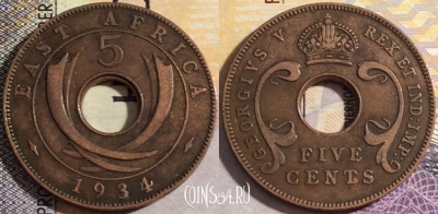 Британская Восточная Африка 5 центов 1934 года, KM# 18