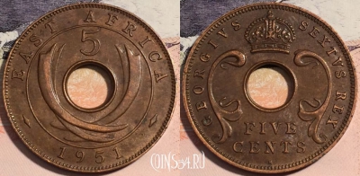 Восточная Африка 5 центов 1951 года, KM# 33, a141-056