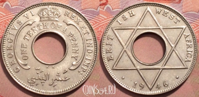 Западная Африка 1/10 пенни 1946 года, KM# 20, 245-126