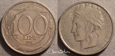 Италия 100 лир 1993 год, KM# 159, 87-057b
