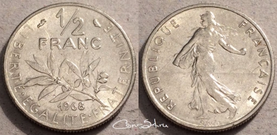 Франция 1/2 франка 1968 года, KM# 931, 087-068b
