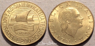 Италия 200 лир 1992 год, KM# 151, 88-005