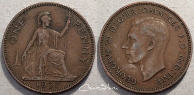 Великобритания 1 пенни 1937 года, KM# 845, 88-015