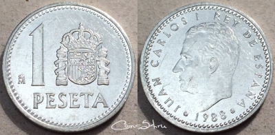 Испания 1 песета 1988 года, см. состояние, 88-026