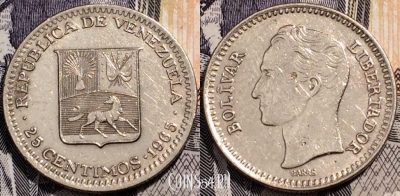 Венесуэла 25 сентимо 1965 года, см. сост., 91-067