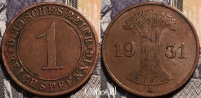 Германия 1 рейхспфенниг 1931 года, см. состояние, 91-076