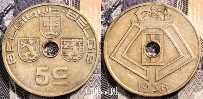 Бельгия 5 сантимов 1938 года, см. сост., 92-015