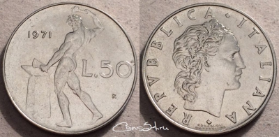 Италия 50 лир 1971 года, KM# 95.1, 87-051a
