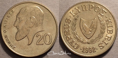 Кипр 20 центов 1992 года, см. состояние, 87-048b