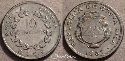 Коста-Рика 10 сентимо 1967 года, KM 185.1a, 87-055b