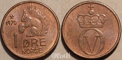 Норвегия 1 эре 1970 года, KM# 403, 100-068