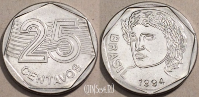 Бразилия 25 сентаво 1994 год, KM# 634, 100-137
