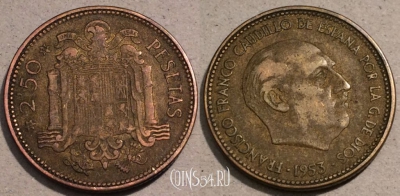 Испания 2½ песеты 1953 года, KM# 785, 104-021