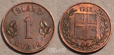 Исландия 1 эйре 1956 года, KM# 8, 104-040