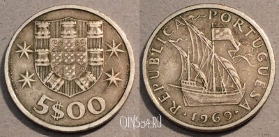 Португалия 5 эскудо 1969 года, KM# 591, 104-060