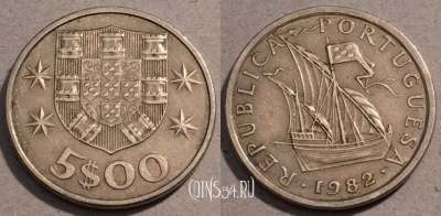 Португалия 5 эскудо 1982 года, KM# 591, 104-089