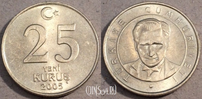 Турция 25 новых курушей 2005 года, KM# 1167, 107-005