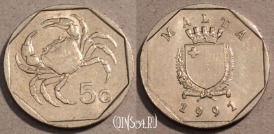 Мальта 5 центов 1991 года, KM# 95, 107-036