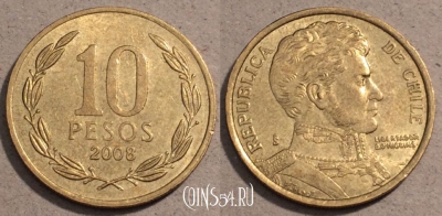 Чили 10 песо 2008 года, KM# 228, 107-037