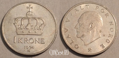 Норвегия 1 крона 1974 года, КМ# 419, 107-094