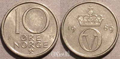 Норвегия 10 эре 1989 года, KM# 416, 92-052