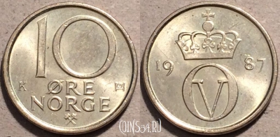 Норвегия 10 эре 1987 год, KM# 416, 92-053