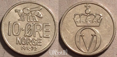 Норвегия 10 эре 1972 год, KM# 411, 92-071