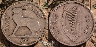 Ирландия 3 пенса 1948 года, KM# 12a, 94-127