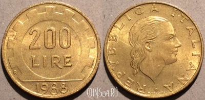 Италия 200 лир 1988 года, KM# 105, 095-014