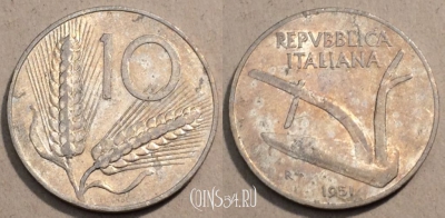 Италия 10 лир 1951 год, KM# 93, 97-137