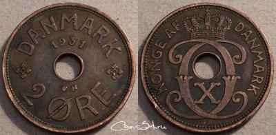 Дания 2 эре 1931 года, KM# 827, 87-012a