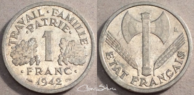 Франция 1 франк 1942 года, см. сост., 87-014b