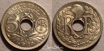 Франция 5 сантимов 1939 года, KM# 875a, 87-024b