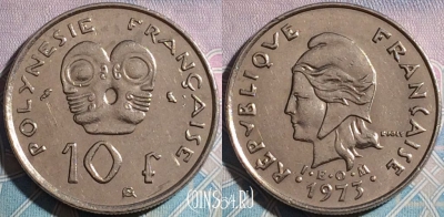 Французская Полинезия 10 франков 1973 г., KM# 8, a068-129